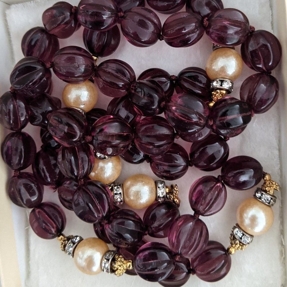 34" Amethyst Beads ribbed with gold cap Crystal and Faux Peral Necklace